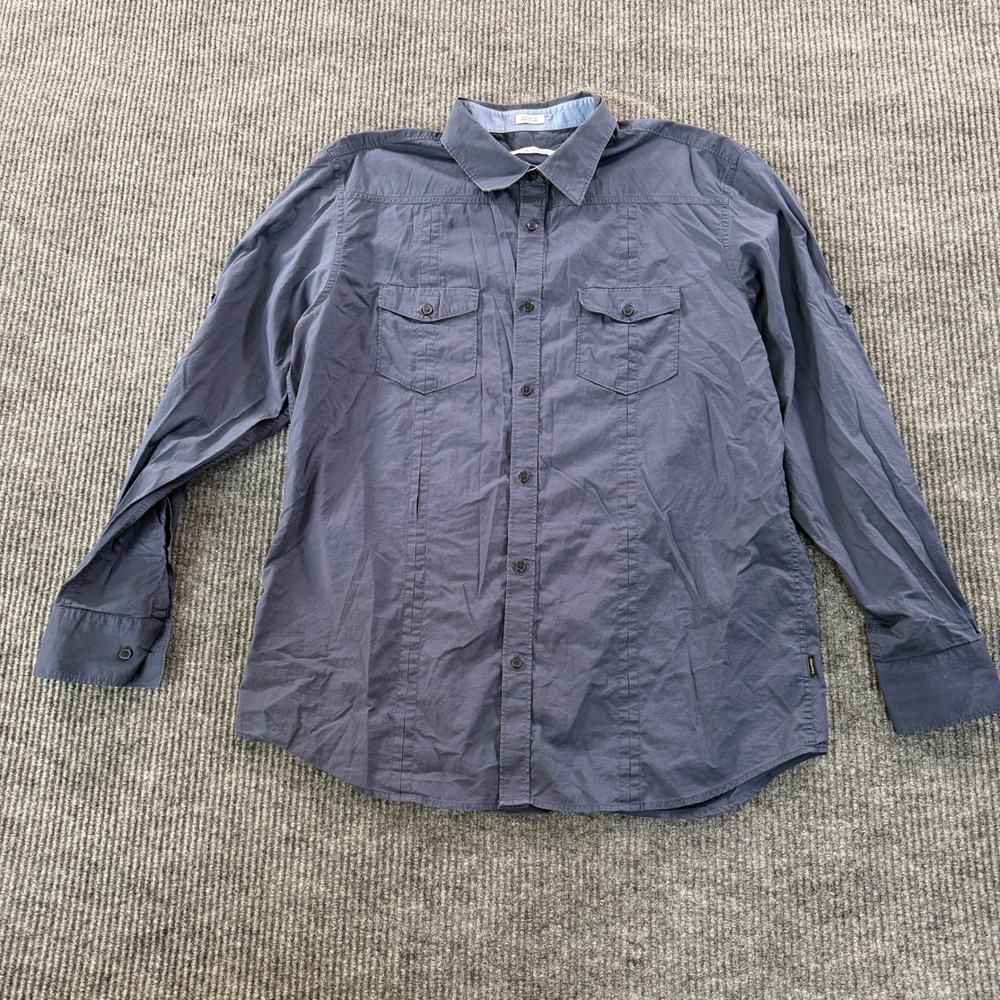 Calvin Klein Mens Large Gray Utility Button Down Long Sleeve Roll Tab Shirt L